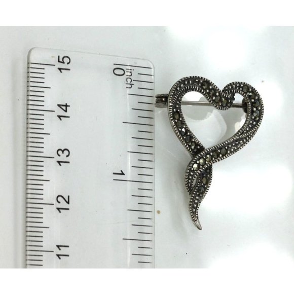 925 STERLING vintage open love HEART marcasite BROOCH/pin 3.6 gr signed MO 925 - Picture 3 of 5
